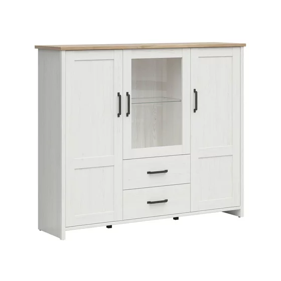 Comoda Loksa, 2 Usi + Usa Sticla + 2 Sertare, 160x43x135 cm, Pal Melaminat, Pin Alb/Stejar Gradson picture - 2