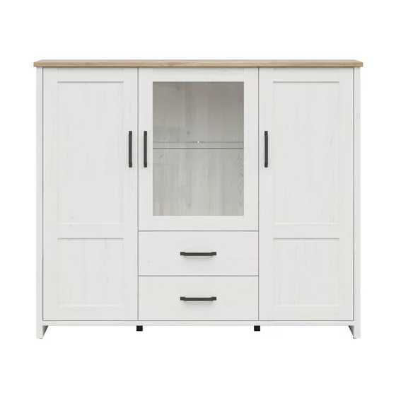 Comoda Loksa, 2 Usi + Usa Sticla + 2 Sertare, 160x43x135 cm, Pal Melaminat, Pin Alb/Stejar Gradson picture - 1