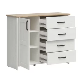 Comoda Loksa, 4 Sertare + Usa, 120x43x99 cm, Pal Melaminat, Pin Alb/Stejar Gradson