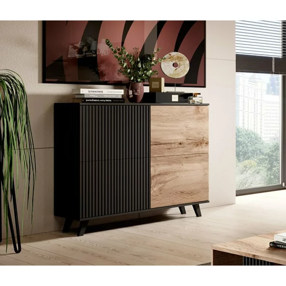Comoda Rogan KM2, 100x42x95 cm, Negru/Stejar Wotan picture - 2