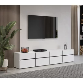 Comoda TV 4 Usi Rabatabile + 4 Sertare, Cross,  225x40x48 cm, Pal Melaminat, Alba
