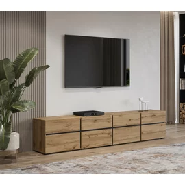 Comoda TV 4 Usi Rabatabile + 4 Sertare, Cross,  225x40x48 cm, Pal Melaminat, Stejar Wotan