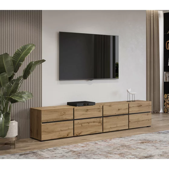 Comoda TV 4 Usi Rabatabile + 4 Sertare, Cross,  225x40x48 cm, Pal Melaminat, Stejar Wotan picture - 1