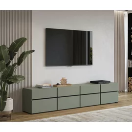 Comoda TV 4 Usi Rabatabile + 4 Sertare, Cross,  225x40x48 cm, Pal Melaminat, Verde Pin