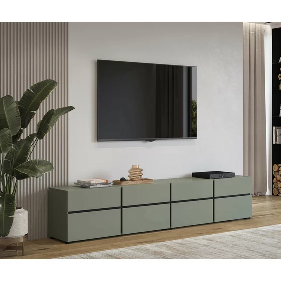 Comoda TV 4 Usi Rabatabile + 4 Sertare, Cross,  225x40x48 cm, Pal Melaminat, Verde Pin picture - 1