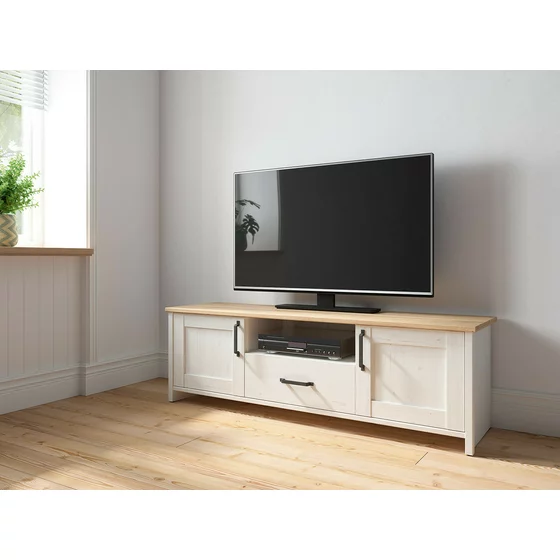 Comoda TV Loksa, 2 Usi + Sertar, 160x44x51 cm, Pin Alb/Stejar Gradson picture - 2
