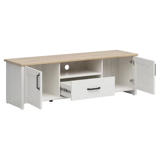 Comoda TV Loksa, 2 Usi + Sertar, 160x44x51 cm, Pin Alb/Stejar Gradson picture - 3