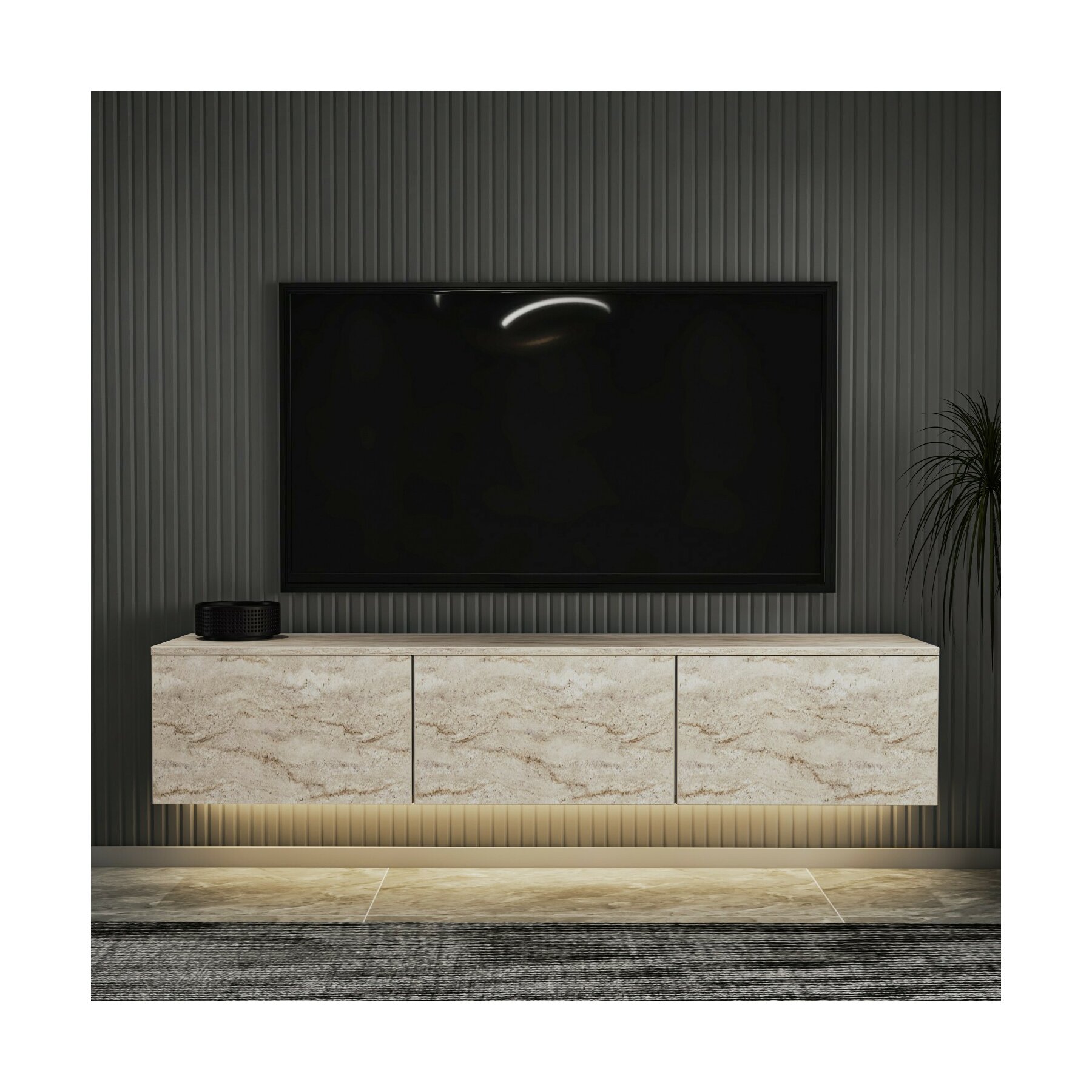 Comoda TV Neon, 180x32x35 cm, Pal Melaminat, Sistem de iluminat tip led, Travertin