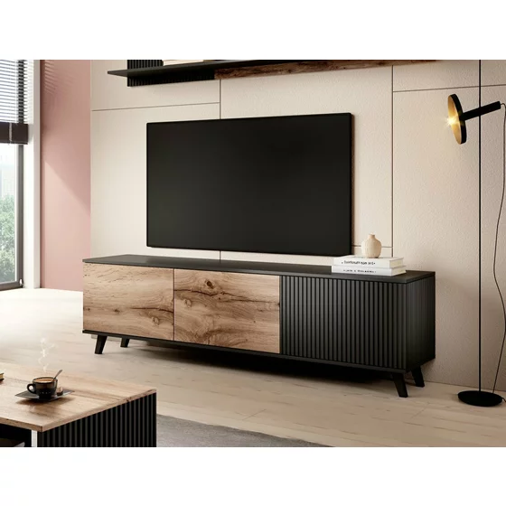Comoda TV Rogan RTV2, 150x40x52 cm, Negru/Stejar Wotan picture - 5
