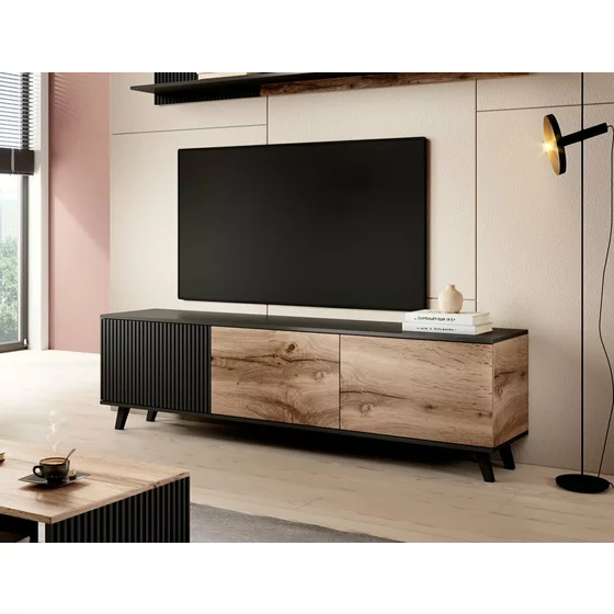 Comoda TV Rogan RTV2, 150x40x52 cm, Negru/Stejar Wotan picture - 6