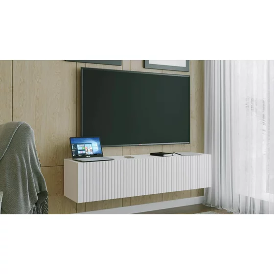 Comoda TV Suspendata Joy, 150x38x35 cm, Pal Melaminat, Front MDF cu Riflaj, Alb picture - 2