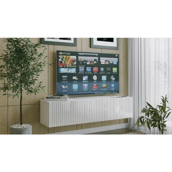 Comoda TV Suspendata Joy, 150x38x35 cm, Pal Melaminat, Front MDF cu Riflaj, Alb/Alb Lucios picture - 3