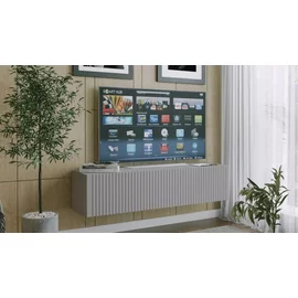 Comoda TV Suspendata Joy, 150x38x35 cm, Pal Melaminat, Front MDF cu Riflaj, Gri
