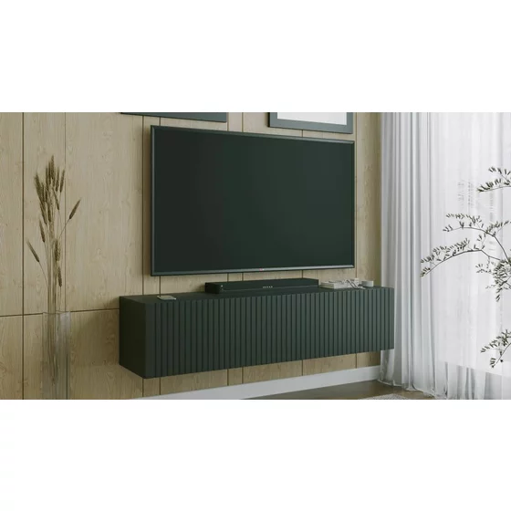 Comoda TV Suspendata Joy, 150x38x35 cm, Pal Melaminat, Front MDF cu Riflaj, Negru picture - 2