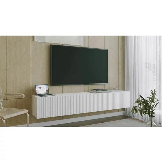 Comoda TV Suspendata Joy, 200x38x35 cm, Pal Melaminat, Front MDF cu Riflaj, Alb picture - 2
