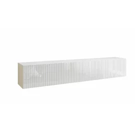 Comoda TV Suspendata Joy, 200x38x35 cm, Pal Melaminat, Front MDF cu Riflaj, Alb/Alb Lucios