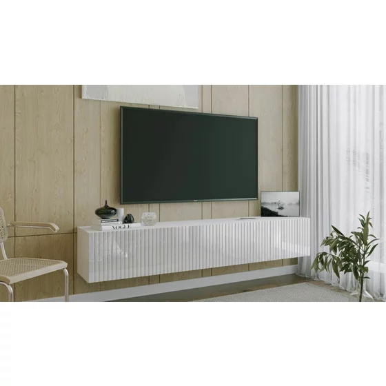 Comoda TV Suspendata Joy, 200x38x35 cm, Pal Melaminat, Front MDF cu Riflaj, Alb/Alb Lucios picture - 2