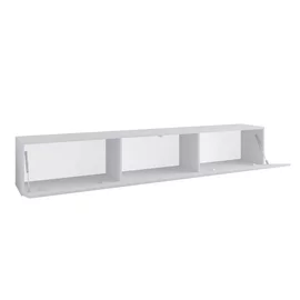 Comoda TV Suspendata Joy, 200x38x35 cm, Pal Melaminat, Front MDF cu Riflaj, Alb/Alb Lucios