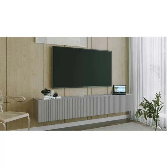 Comoda TV Suspendata Joy, 200x38x35 cm, Pal Melaminat, Front MDF cu Riflaj, Gri picture - 2