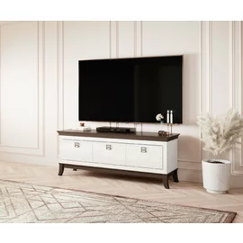 Comoda TV Tisaro 3 Sertare, 160x44x63 cm, Furnir + MDF Lucios, Alb/Stejar Ciocolata/Alb Lucios