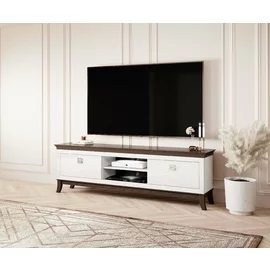 Comoda TV Tisaro 3 Sertare, 196x44x63 cm, Furnir + MDF Lucios, Alb/Stejar Ciocolata/Alb Lucios