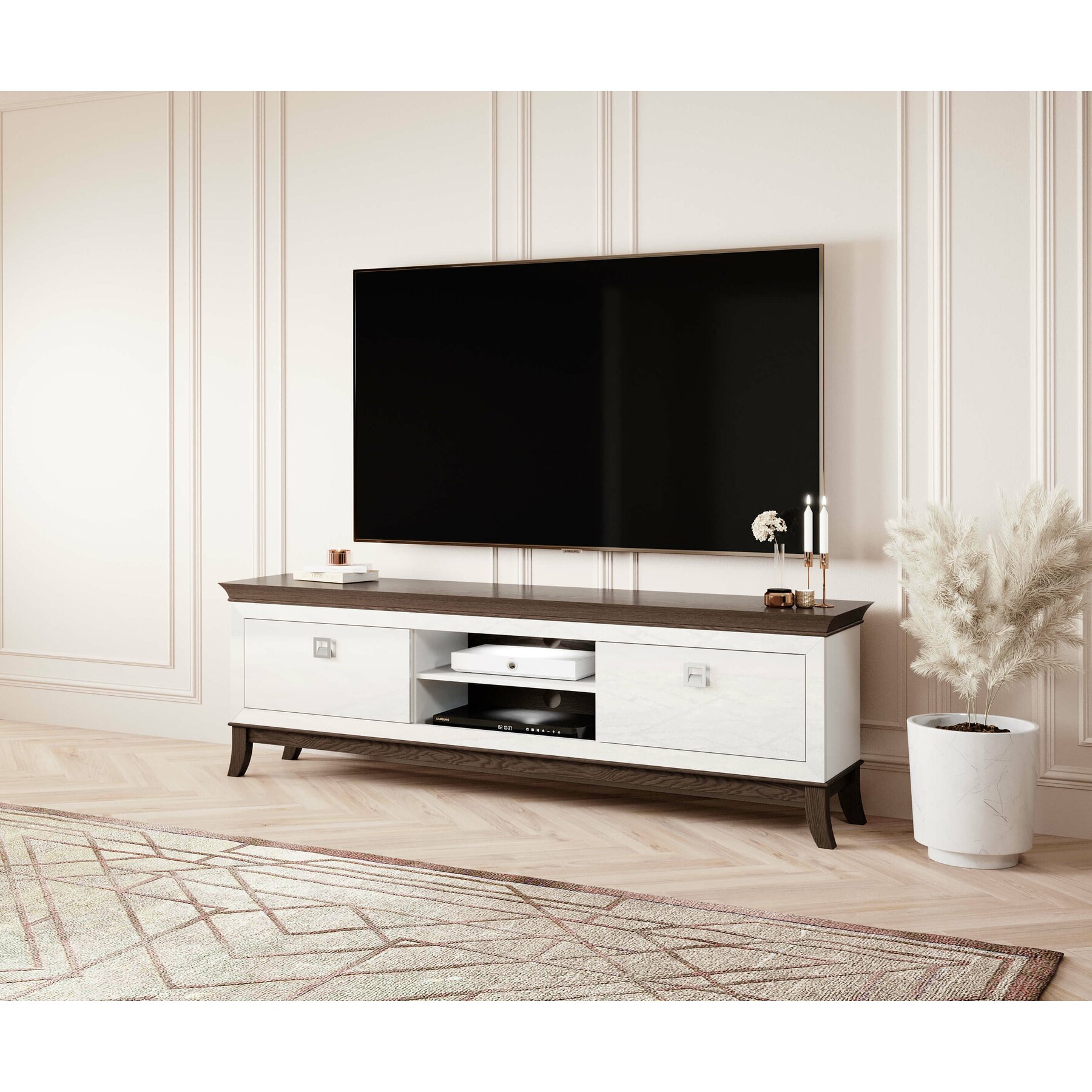 Comoda TV Tisaro 3 Sertare, 196x44x63 cm, Furnir + MDF Lucios, Alb/Stejar Ciocolata/Alb Lucios