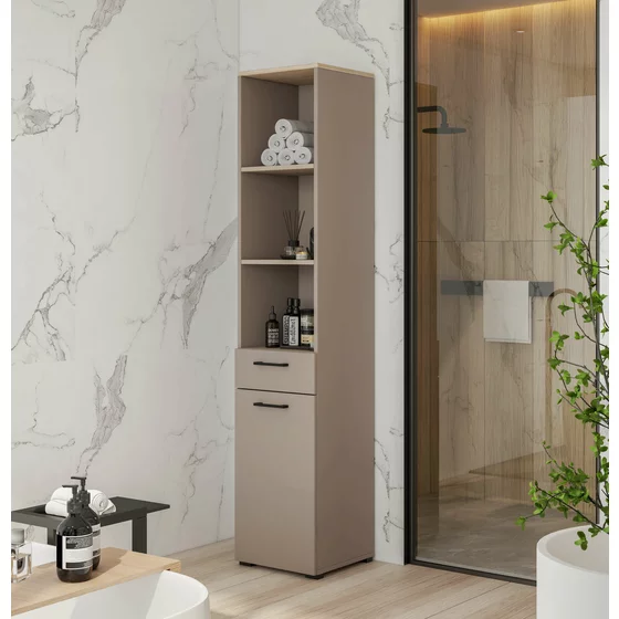 Dulap Pentru Baie Cu Usa Rabatabila si Sertar, Rosa, 40x40x197, Pal Melaminat, Beige Congo picture - 1