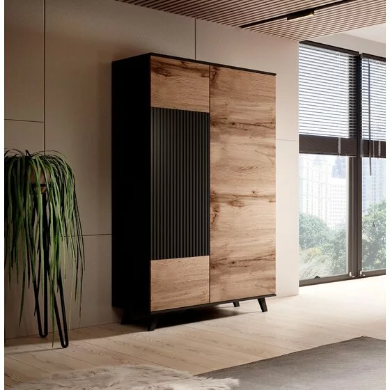 Dulap Rogan S1, 90x55x182 cm, Negru/Stejar Wotan picture - 4
