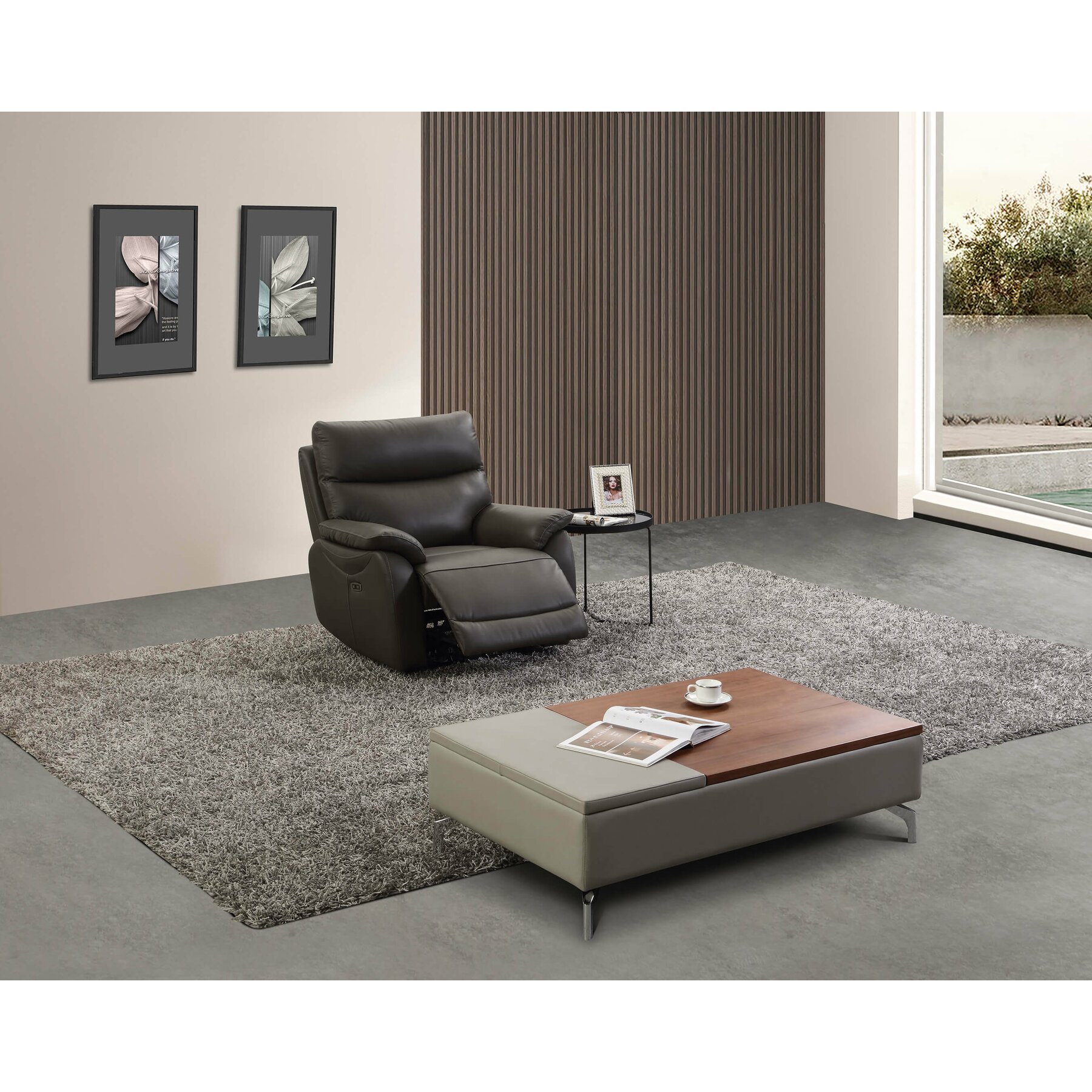 Fotoliu cu Recliner Electric, Heidal, 95x92x100 cm, Gri Nisipiu - Piele Naturala