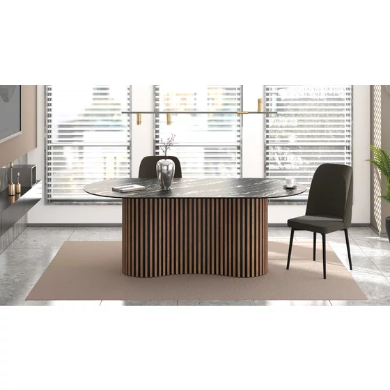 Masa dining cu riflaje OSCAR 200, 200x100x76 cm, HDF Nuc/Negru picture - 4