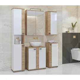 Mobilier de Baie Fargo, 5 Piese, Fronturi MDF,  Stejar Auriu Harbor/ Alb Lucios