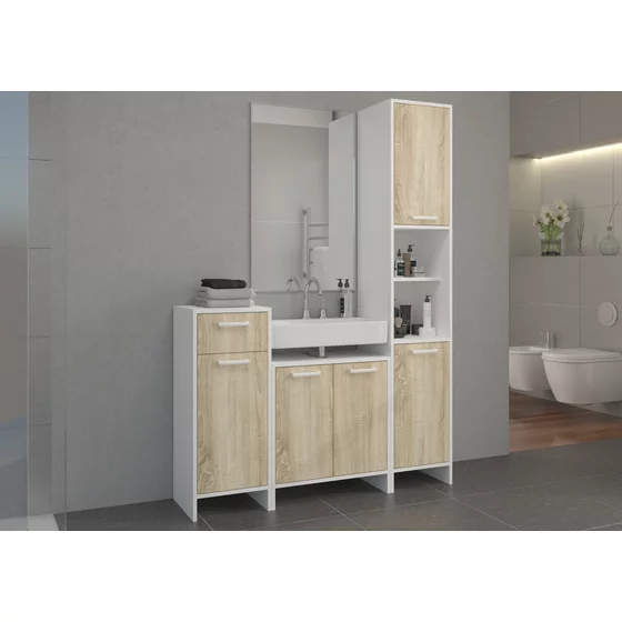 Mobilier de Baie Mela, 3 Corpuri, Pal Melaminat/ABS,  Alb/Stejar Sonoma picture - 1