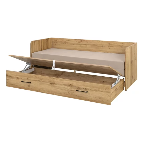 Pat cu Sertar, Perne si Saltea Timber, 80-160x200 cm, Pal Melaminat -  Stejar Wotan - picture - 3