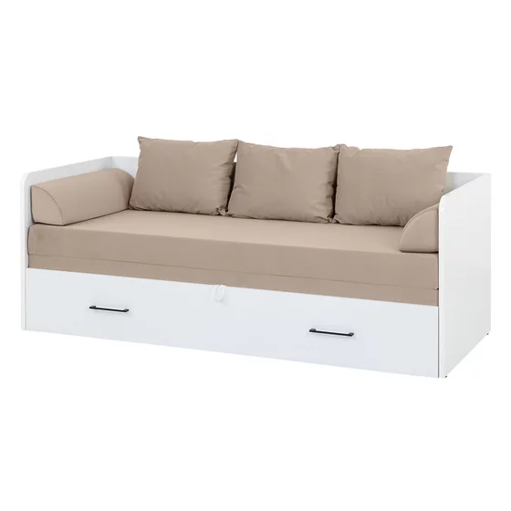 Pat cu Sertar, Perne si Saltea Timber, 80-160x200 cm, Pal Melaminat - Alb Lucios - picture - 3