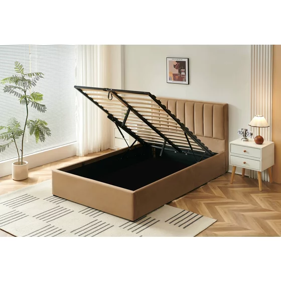 Pat Tapitat cu Somiera Rabatabila, Casablanca, 120/200 cm, Catifea, Beige picture - 2