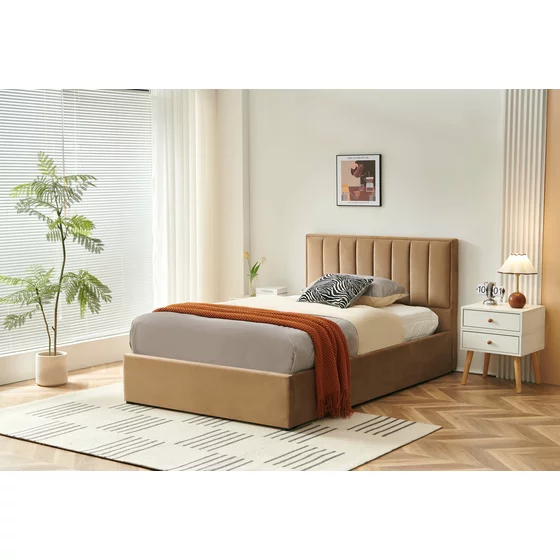 Pat Tapitat cu Somiera Rabatabila, Casablanca, 120/200 cm, Catifea, Beige picture - 1