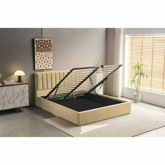 Pat Tapitat cu Somiera Rabatabila Casablanca, 140/200 cm, Stofa Catifea Beige picture - 2