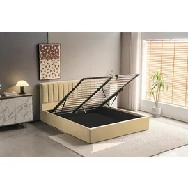 Pat Tapitat cu Somiera Rabatabila Casablanca, 160/200 cm, Stofa Catifea Beige