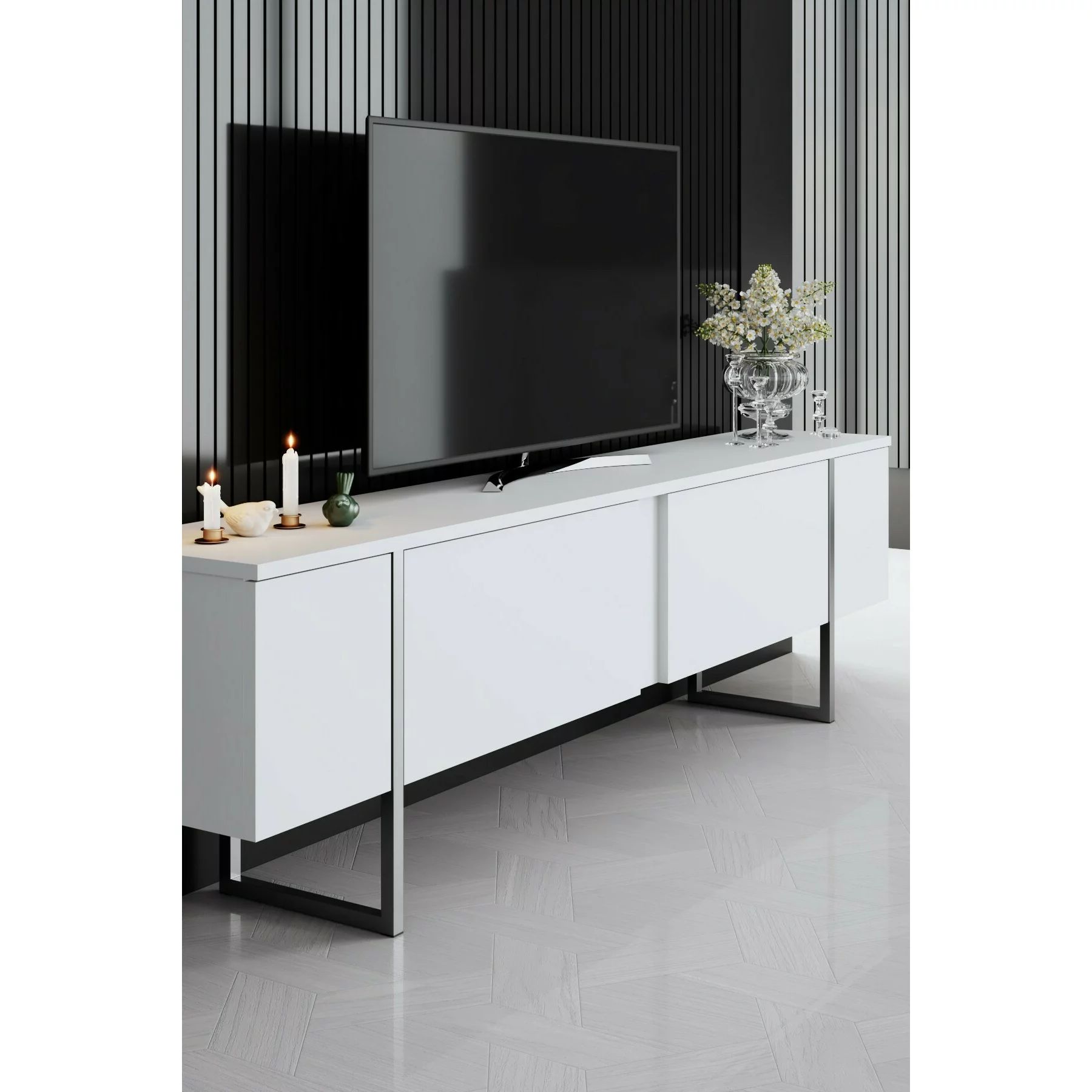 テレビ luxe Comoda TV Luxe - 180x30x50 cm, Pal Melaminat, Alb/Argintiu - Kalenda