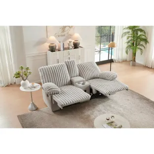 Canapea cu Recliner Siete 2RR + Sistem Audio si Suport Pahare, 202x100x102 h cm, Stofa Raiata, Beige