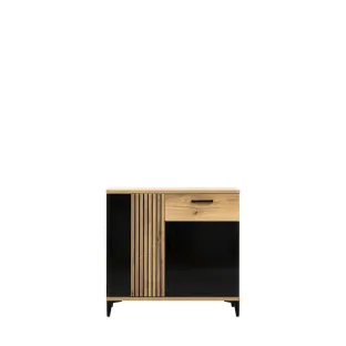 Comoda Aris AS2, 2 Usi + Sertar, 88.5x39x84 cm, Stejar Evoke/Negru Lucios