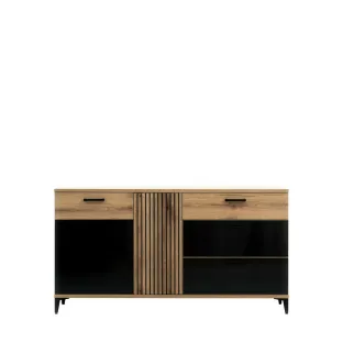 Comoda Aris AS3, 2 Usi + 3 Sertare, 156.5x39x84 cm, Stejar Evoke/Negru Lucios