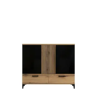 Comoda Aris AS4, 3 Usi + 2 Sertare, 124.5x39x106 cm, Stejar Evoke/Negru Lucios
