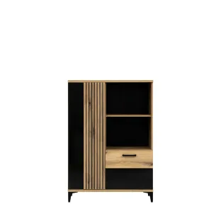 Comoda Aris AS5, 2 Usi, 88.5x39x126 cm, Stejar Evoke/Negru Lucios