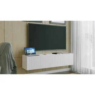 Comoda TV Suspendata Joy, 150x38x35 cm, Pal Melaminat, Front MDF cu Riflaj, Alb