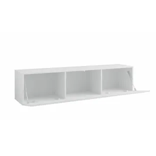 Comoda TV Suspendata Joy, 150x38x35 cm, Pal Melaminat, Front MDF cu Riflaj, Alb/Alb Lucios