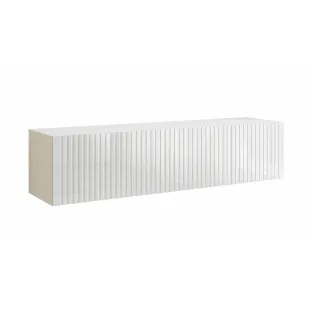 Comoda TV Suspendata Joy, 150x38x35 cm, Pal Melaminat, Front MDF cu Riflaj, Alb/Alb Lucios