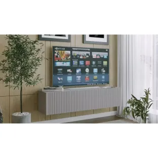 Comoda TV Suspendata Joy, 150x38x35 cm, Pal Melaminat, Front MDF cu Riflaj, Gri Mat