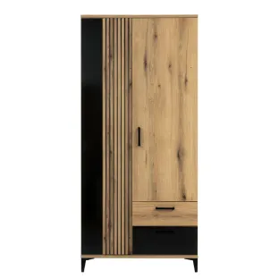 Dulap Aris, 2 Usi + 2 Sertare - AS10, 88.5x54.5x194 cm, Stejar Evoke/Negru Lucios