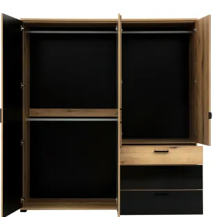 Dulap Aris, 4 Usi + 3 Sertare - AS11, 187.5x54.5x205.5 cm, Stejar Evoke/Negru Lucios
